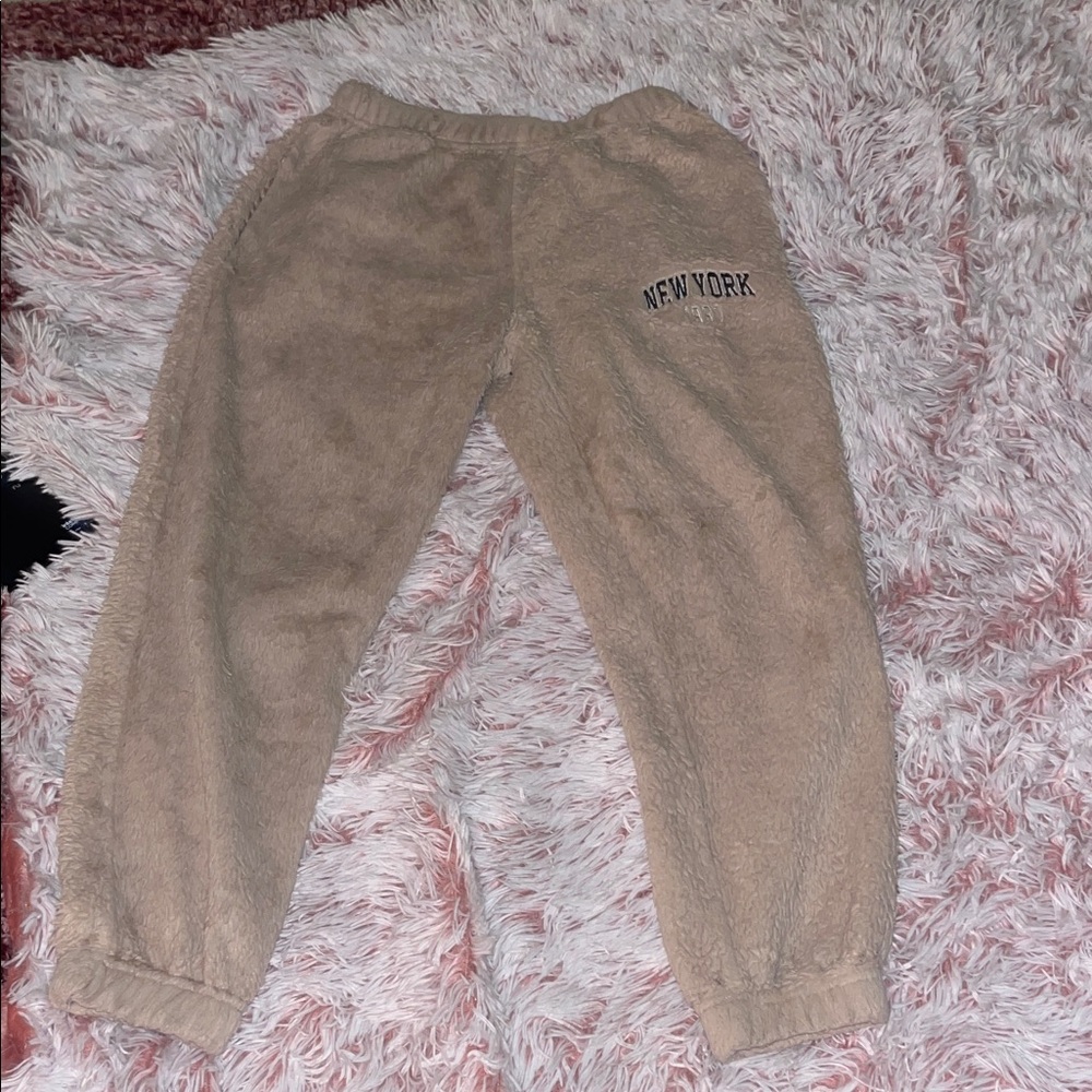 Kids Beige Fleece Joggers with New York Print